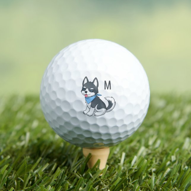 Cute Cartoon Husky Puppy Dog Monogram Initial Golf Balls (Insitu Tee)