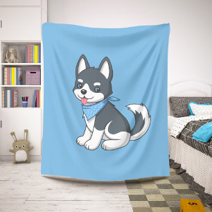 Cute Cartoon Husky Puppy Dog on Blue Sherpa Blanket