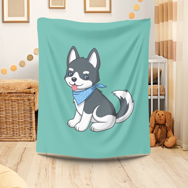 Cute Cartoon Husky Puppy Dog on Green Fleece Blanket (Creator Uploaded)