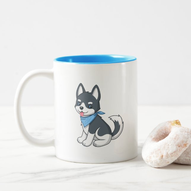 Cute Cartoon Husky Puppy Dog Two-Tone Coffee Mug (With Donut)