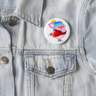 Cute Cartoon Ice Skating Pig Button