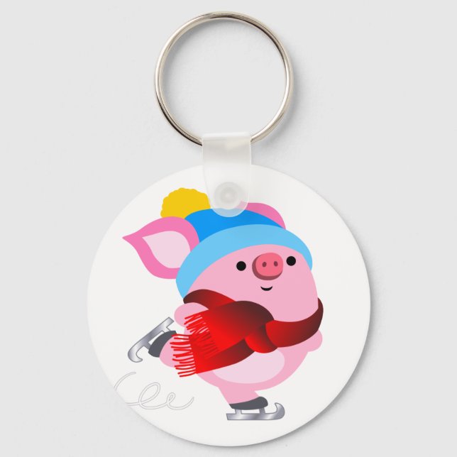 Cute Cartoon Ice Skating Pig Keychain (Front)