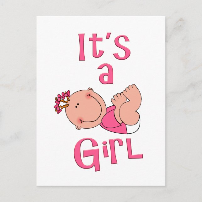 Cute Cartoon It’s a Girl Text in Bright Pink - Invitation Postcard (Front)