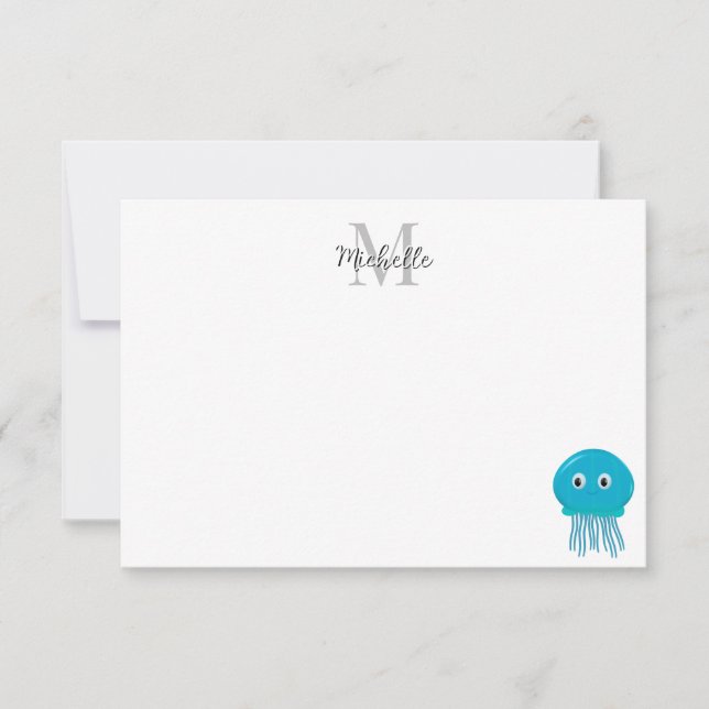 Cute Cartoon Jellyfish Custom Monogram Card (Front)