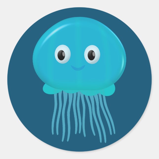 Cute Cartoon Jellyfish In Blue Ocean Classic Round Sticker (Front)