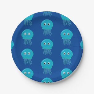 Cute Cartoon Jellyfish In Blue Ocean Paper Plate