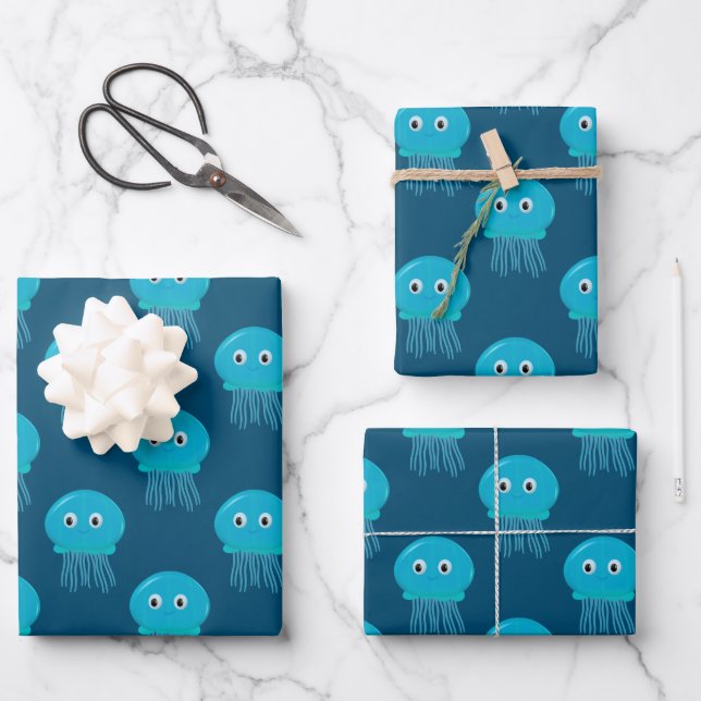 Cute Cartoon Jellyfish Pattern In Blue Ocean Wrapping Paper Sheet (Front)