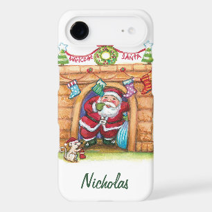 Cute Cartoon Jolly Santa Claus Coming Down Chimney