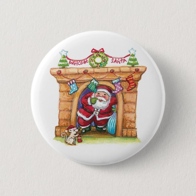 Cute Cartoon Jolly Santa Claus Coming Down Chimney 6 Cm Round Badge (Front)