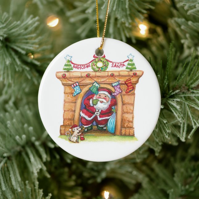 Cute Cartoon Jolly Santa Claus Coming Down Chimney Ceramic Tree Decoration (Tree)