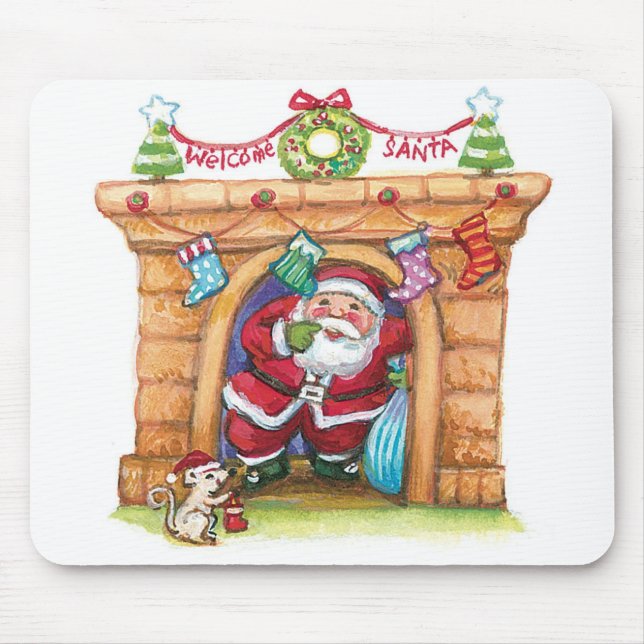 Cute Cartoon Jolly Santa Claus Coming Down Chimney Mouse Pad (Front)