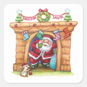 Cute Cartoon Jolly Santa Claus Coming Down Chimney Square Sticker