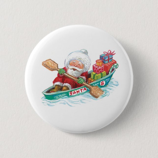 Cute Cartoon Jolly Santa Claus in a Row Boat 6 Cm Round Badge (Front)
