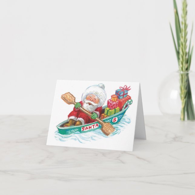 Cute Cartoon Jolly Santa Claus in a Row Boat Holiday Card (Front)