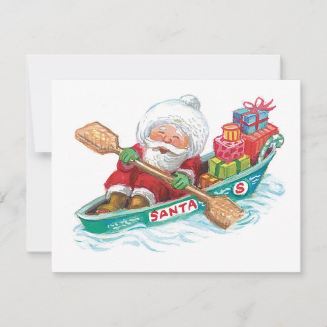 Cute Cartoon Jolly Santa Claus in a Row Boat Holiday Card (Front)