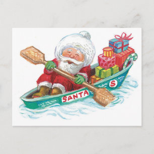Cute Cartoon Jolly Santa Claus in a Row Boat Holiday Postcard