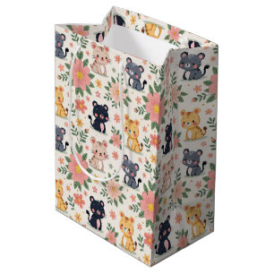 Cute Cartoon Jungle Cats and Flowers Medium Gift Bag