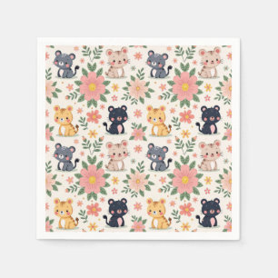 Cute Cartoon Jungle Cats and Flowers Napkin
