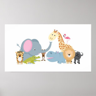 cute cartoon jungle safari animal set poster