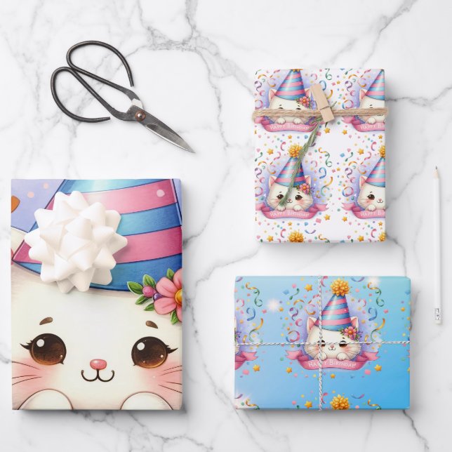 Cute Cartoon Kawaii Kitty Cat Happy Birthday  Wrapping Paper Sheet (Front)