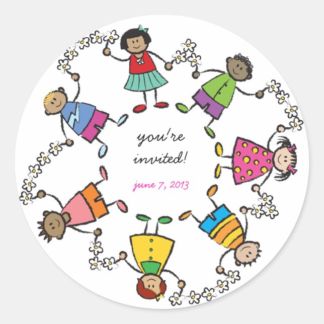 Cute Cartoon Kids Happy Friends Around The World Classic Round Sticker (Front)