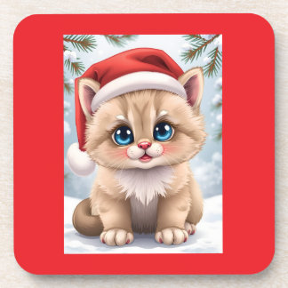 Cute cartoon kitten Christmas fun Coaster