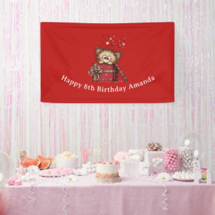 Cute Cartoon Kitten in a Box with Hearts Birthday Banner