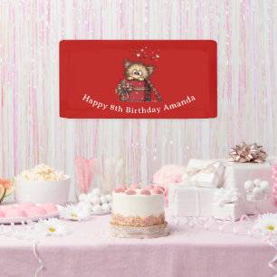 Cute Cartoon Kitten in a Box with Hearts Birthday Banner
