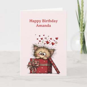 Cute Cartoon Kitten in a Box with Hearts Birthday Card