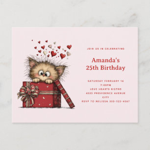 Cute Cartoon Kitten in a Box with Hearts Birthday Invitation Postcard