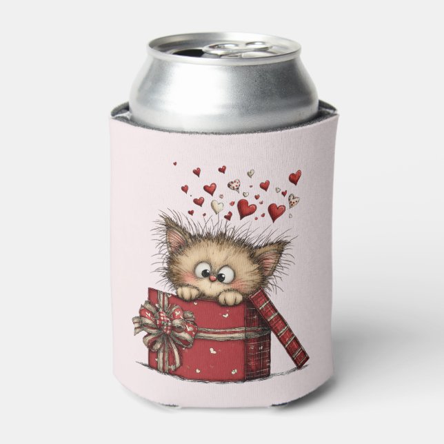 Cute Cartoon Kitten in a Box with Hearts Can Cooler (Can Front)