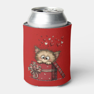 Cute Cartoon Kitten in a Box with Hearts Can Cooler