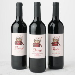 Cute Cartoon Kitten in a Box with Hearts Cheers Wine Label
