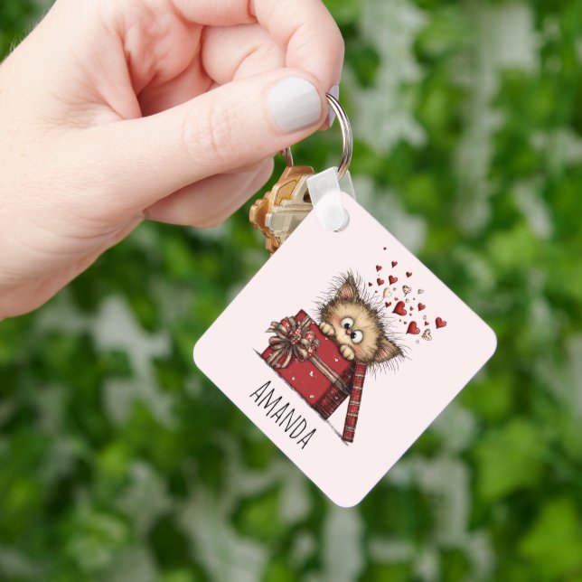 Cute Cartoon Kitten in a Box with Hearts Key Ring (Hand)