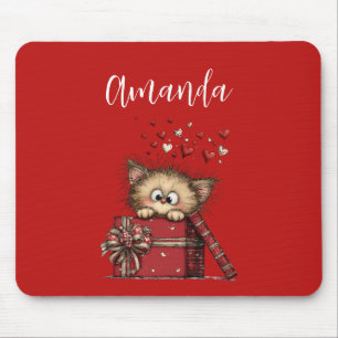 Cute Cartoon Kitten in a Box with Hearts Mouse Pad