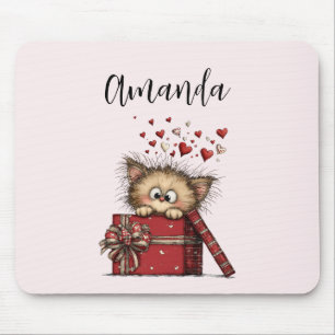 Cute Cartoon Kitten in a Box with Hearts Mouse Pad