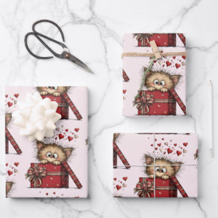 Cute Cartoon Kitten in a Box with Hearts Pattern Wrapping Paper Sheet