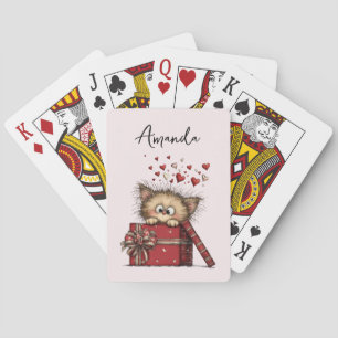 Cute Cartoon Kitten in a Box with Hearts Playing Cards