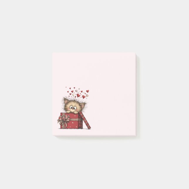Cute Cartoon Kitten in a Box with Hearts Post-it Notes (Front)