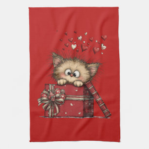 Cute Cartoon Kitten in a Box with Hearts Tea Towel