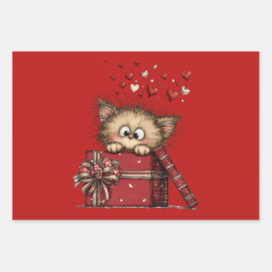 Cute Cartoon Kitten in a Box with Hearts Wrapping Paper Sheet
