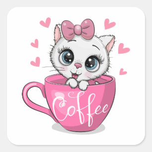 Cute cartoon kitten is sitting in a cup of coffee square sticker