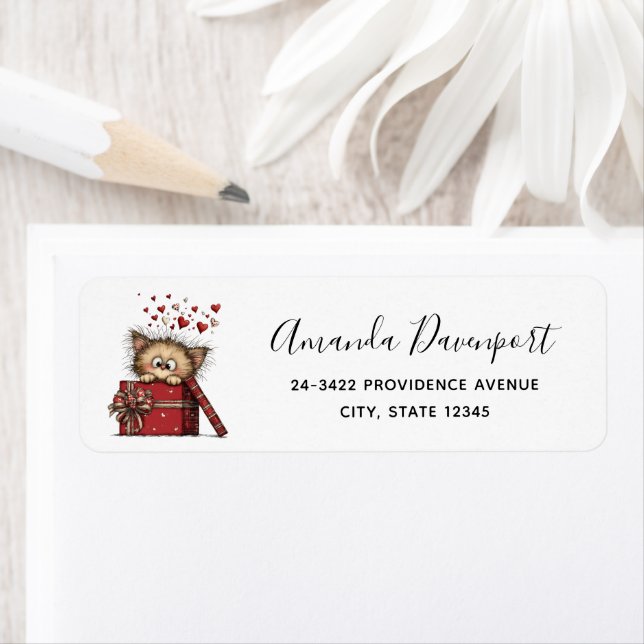 Cute Cartoon Kitten with Hearts Address (Insitu)