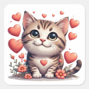 Cute Cartoon Kitten With Hearts And Flowers 🐱 Square Sticker