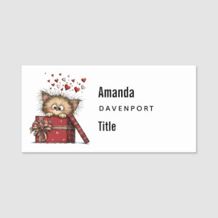 Cute Cartoon Kitten with Hearts Business Name Tag