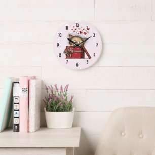 Cute Cartoon Kitten with Hearts Large Clock