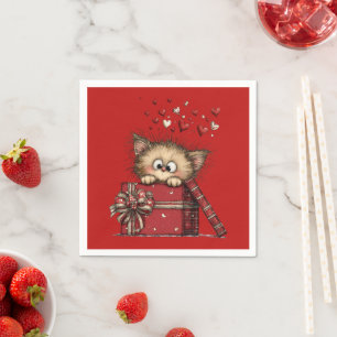 Cute Cartoon Kitten with Hearts Napkin