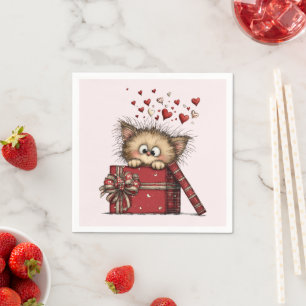 Cute Cartoon Kitten with Hearts Napkin