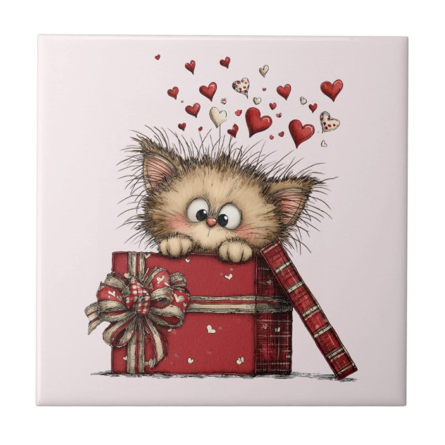 Cute Cartoon Kitten with Hearts Tile (Front)