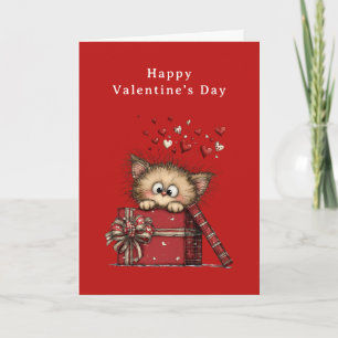 Cute Cartoon Kitten with Hearts Valentine's Day Holiday Card